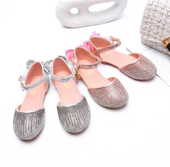 

Children Girl Princess Bow Dress Sandals Shoes Shining, Silver, pink