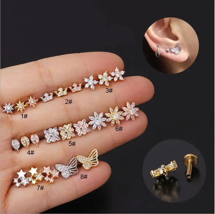 

HOVANCI 2021 new stainless steel labret studs butterfly lip ring tragues studs piercing kit helix earring stud piercing jewelry, Gold,silver,rose gold