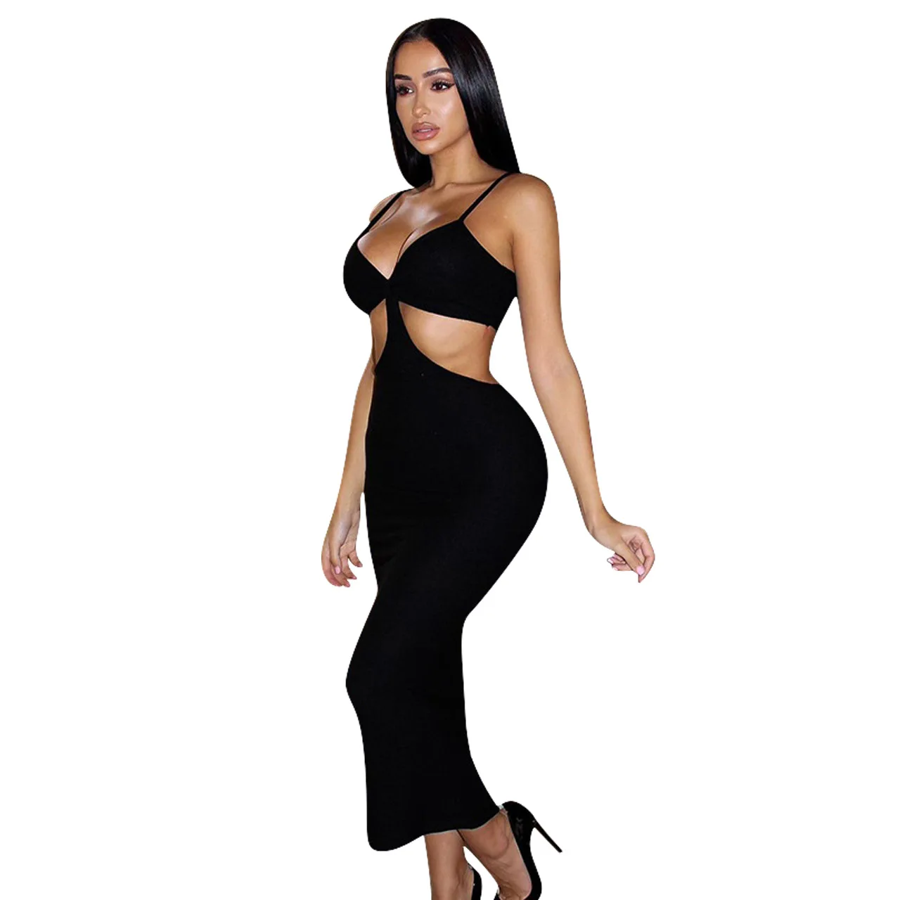 

2021 Summer Hollow Out Women Long Dress Sleeveless Women'S Tank Top Bodycon Night Club Sexy V-Neck Evening Dresses, Shown