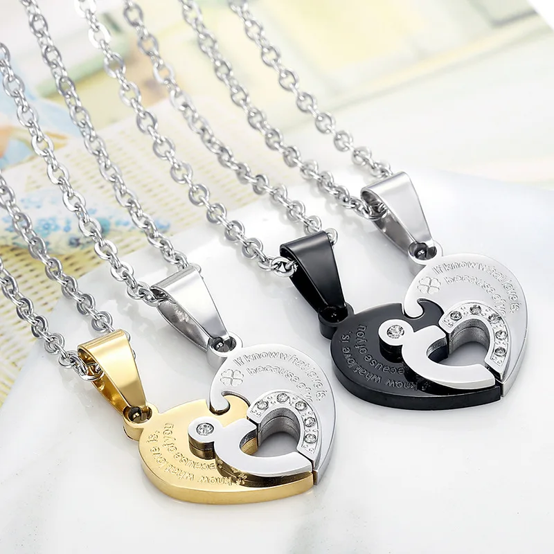 

Personalized Couple Love Heart Splicing Necklace Stainless Steel Chain Fashion Jewelry Zircon Pendant Necklace for Gifts