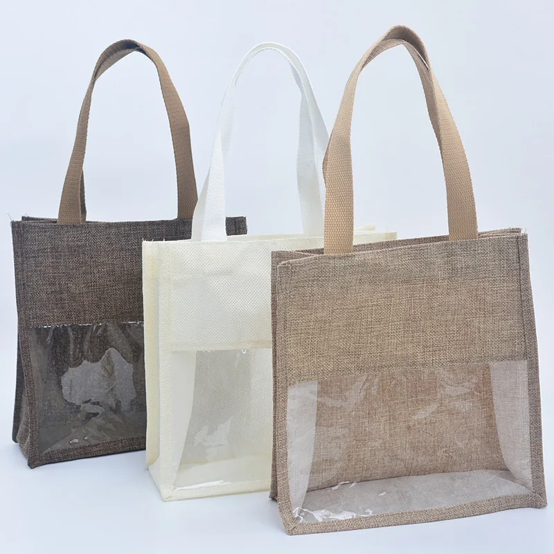 

Large Grocery Transparent Window Linen Shopping Bag Clear Window Jute Tote Bags With Custom Printed Logo