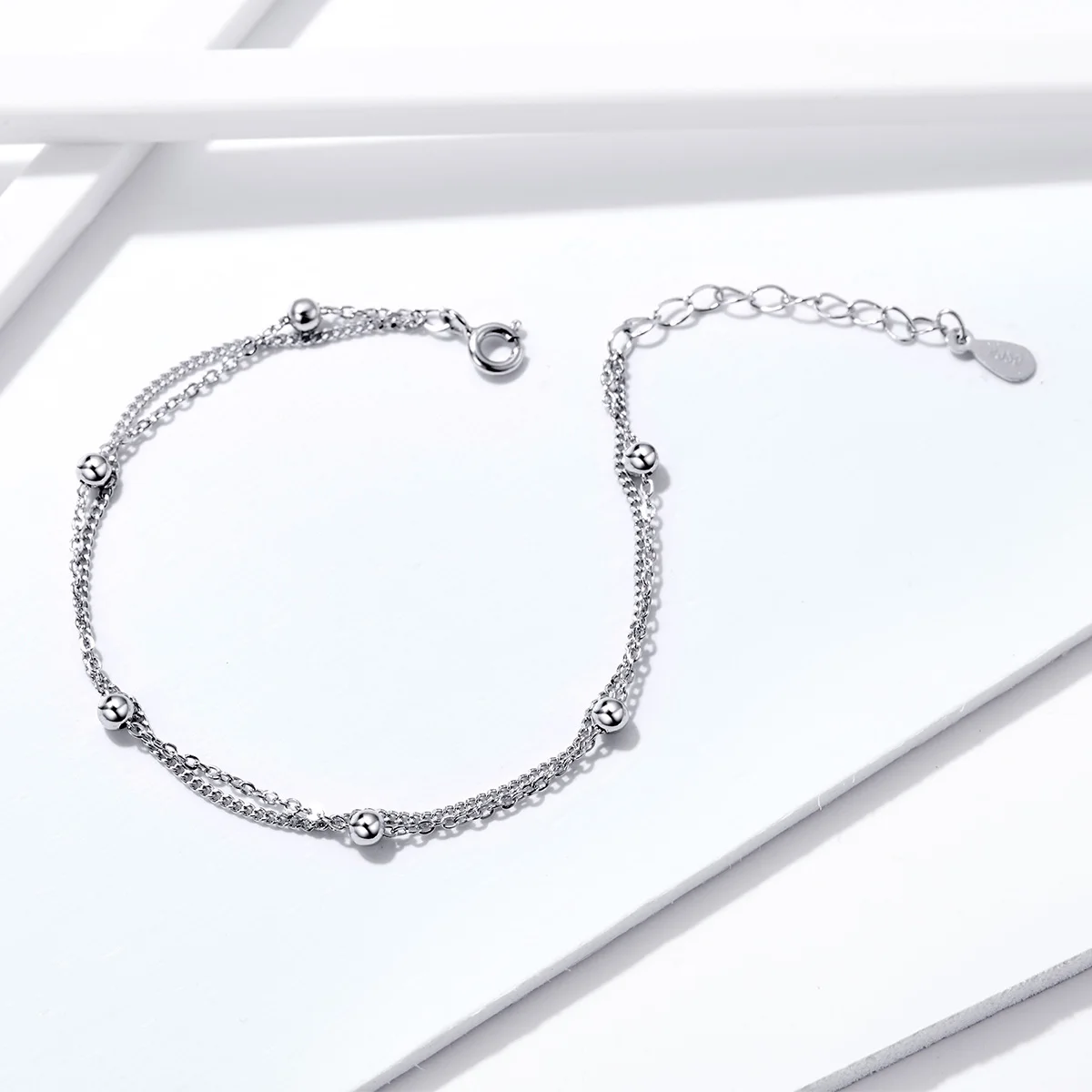 

Round Beads Double Layers Link Chain Bracelets 925 Sterling Silver