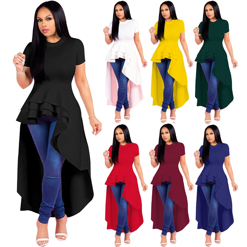 

Stock Lot Hot Sale Ruffles Hem Front Short Long Back Evening Dresses Women T Shirt Dress, White, black, red, blue, yellow, green, wine red