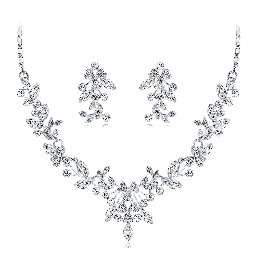 

New Bride Wedding Matching Jewelry Rhinestone Necklace Earring Set, Picture shows