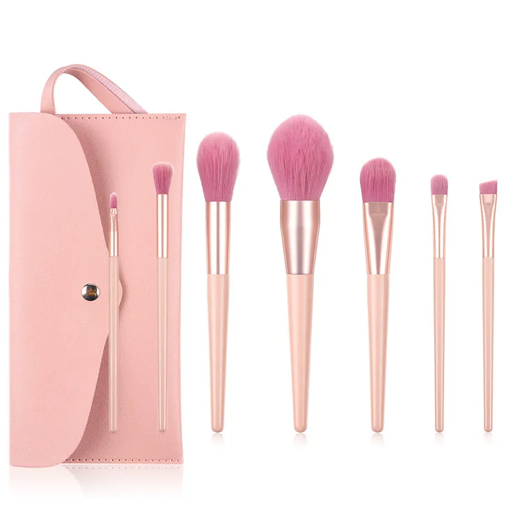 

7pcs pink wood handle and synthetic hair makeup brush set for foundation powser conclear eyeliner lip eyeshadow cosmetic brushes