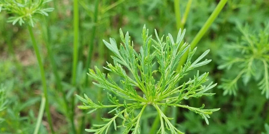 A thriving dill plant growing in a garden with butterflies nearby