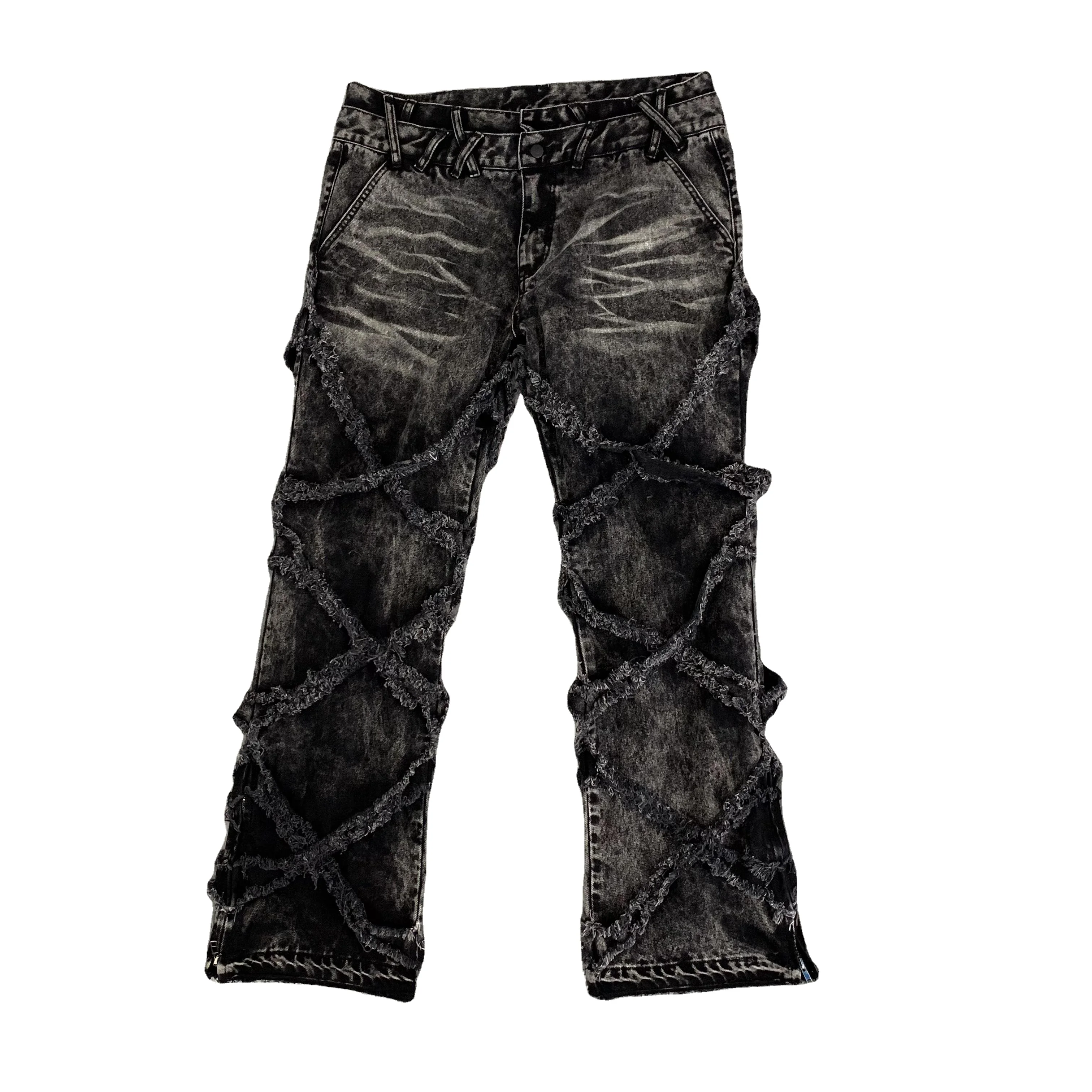 DENIMGUYS Custom Y2K Destroyed Stitching Jeans Men's Black Washed Jeans Gothic Street Wear Distressed Baggy Loose Denim Pants