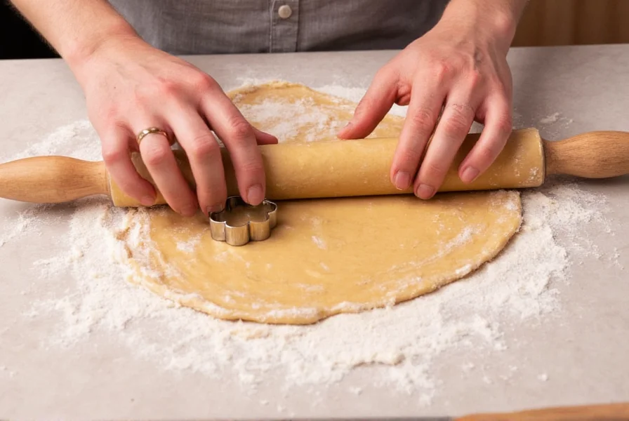 Hands rolling out pepper cookie dough on floured surface with traditional gingerbread man cookie cutter