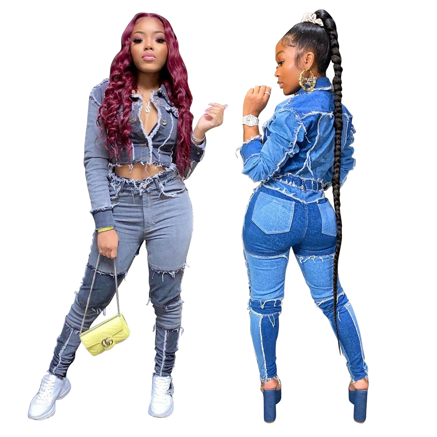 

LD8773 Wholesale fashionable 2020 sexy jeans sets ladies casual patchwork outfit fall denim set women two piece