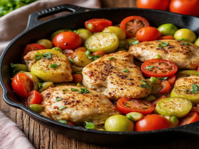 Sautéed vegetables and chicken in cast iron skillet