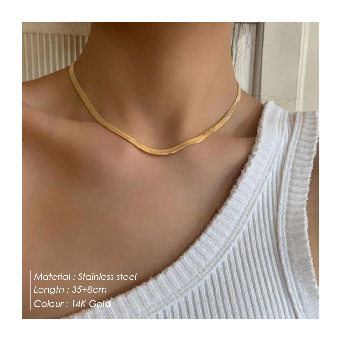 

Wholesale Summer Stylish Channel 14inches Sex Woman Jwellery Layered 14k Gold Plated Stainless Steel Choker Snake Chain Necklace, Silver, gold, rose gold