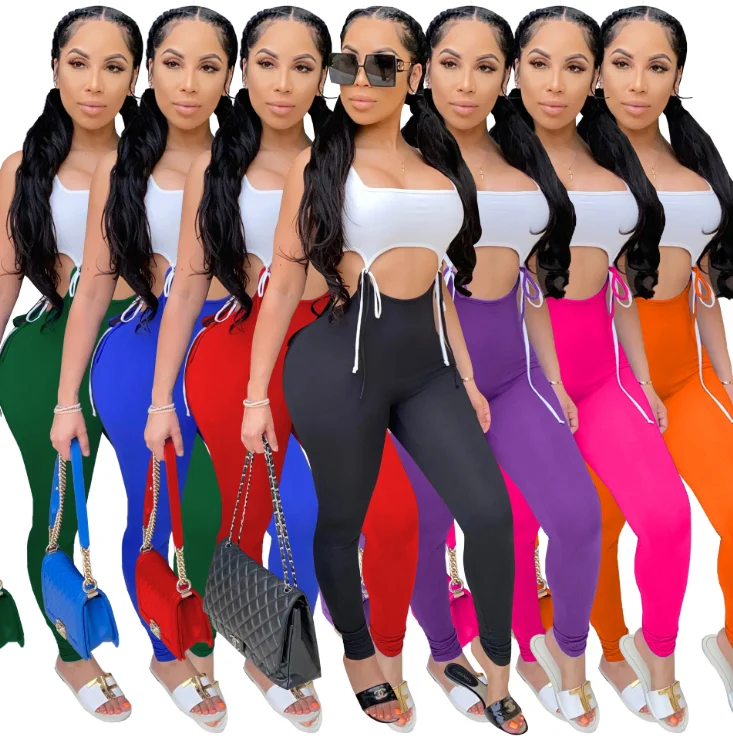 

Sleeveless Crop Top Hollow Out Waist Drawstring gym Legging Sets For Women Two Pieces fitness leggings set plus size