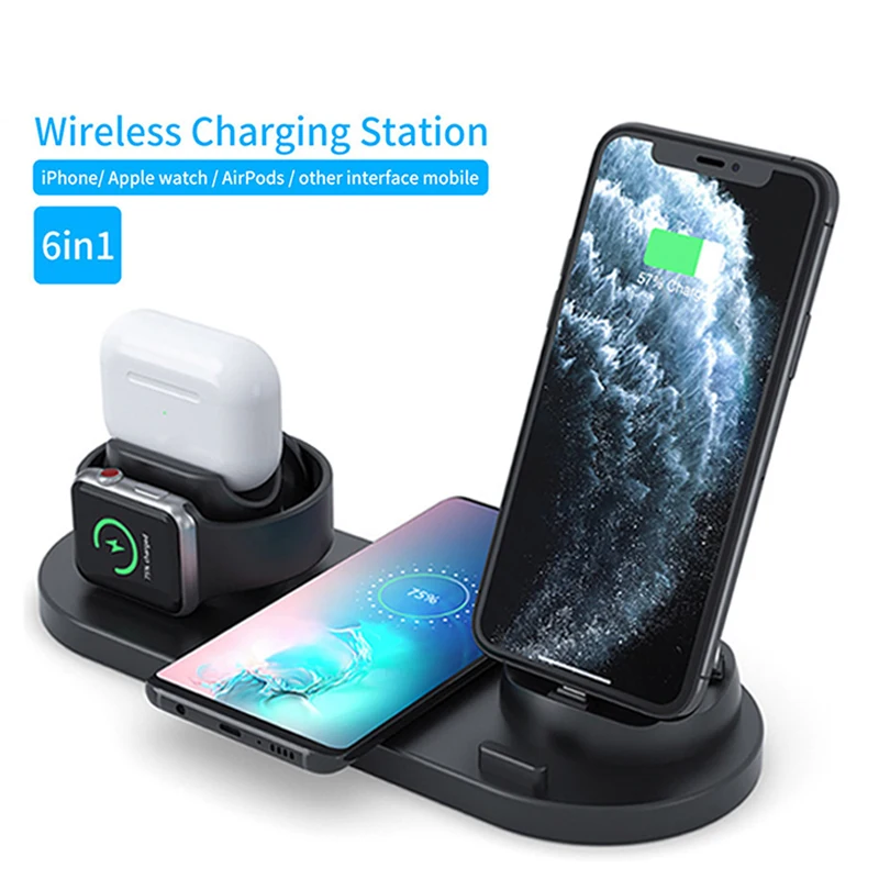 

6 in 1 Wireless Charger Dock Station for iPhone Android Type-C USB Phones 10W Qi Fast Charging For Apple Watch AirPods Pro, Black
