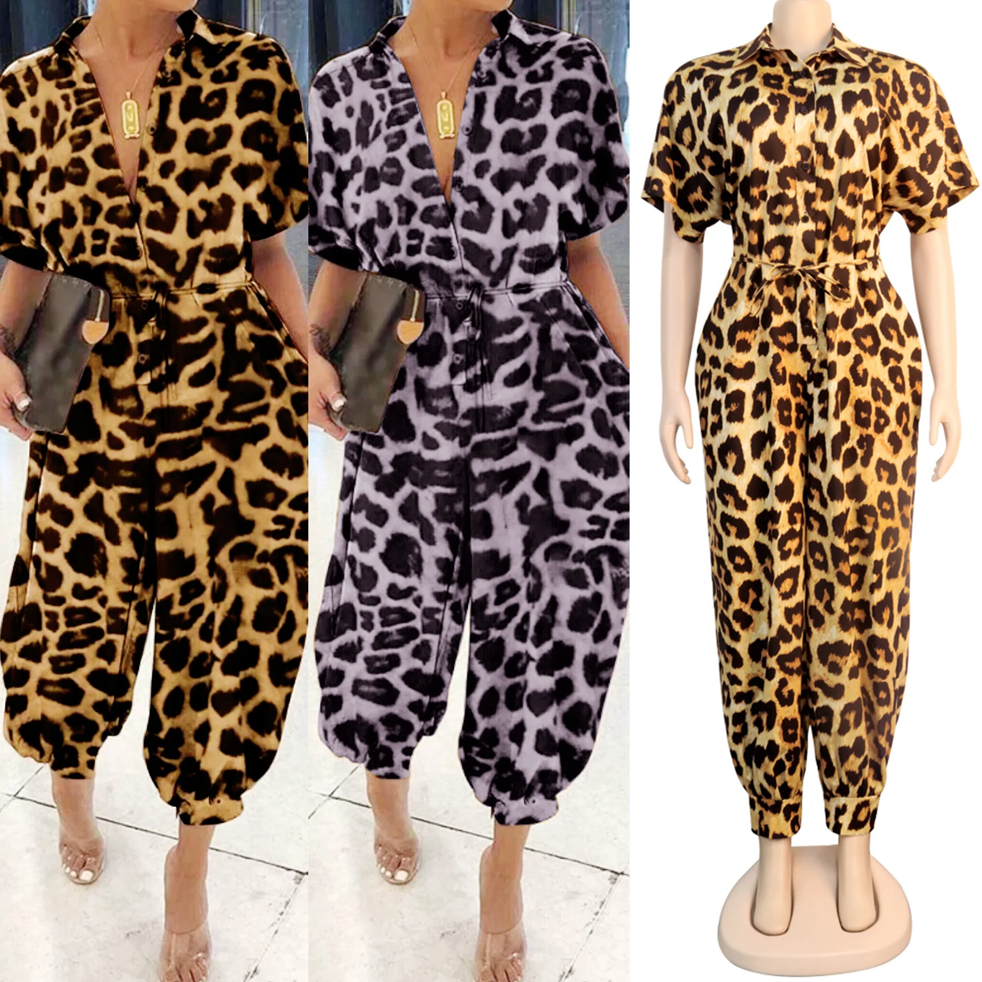 

2020 Latest Ladies Elegant Turn Down Collar Summer Short Sleeve Jumpsuit With Pocket Leopard Print Jumpsuits For Women For Sale, Red,blue cheap turn down collar jumpsuit