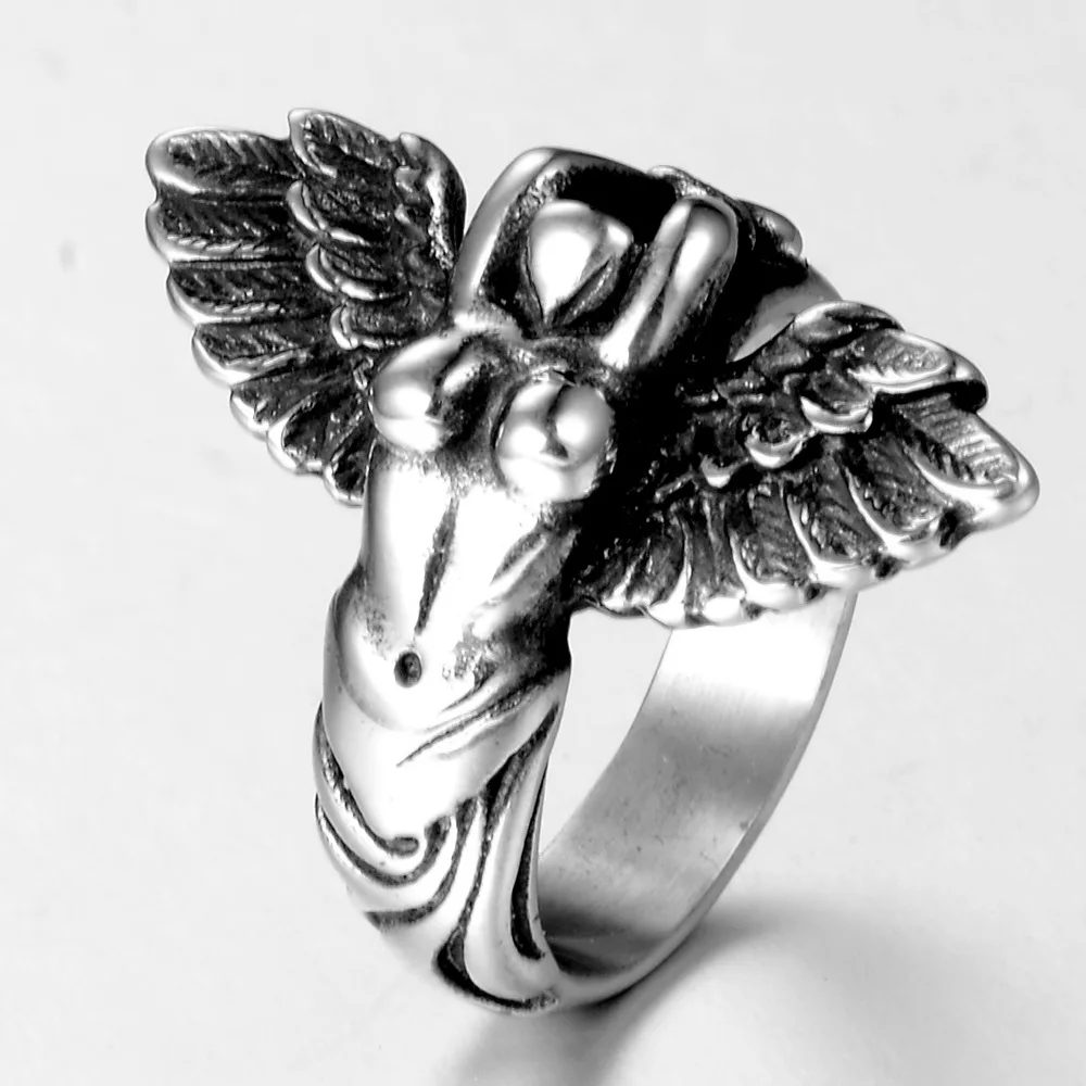 

Hip hop vintage jewelry stainless steel naked angel wing finger ring men