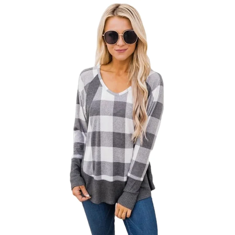 

Christmas Plaid Print Color-Blocking Long-sleeved T-shirt Top