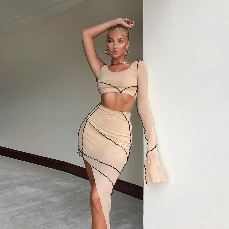 

Asymmetrical Geometric Two Piece Set Women 2020 Fashion O-Neck Full Sleeve Casual Outfits Crop Tops+Skirt Matching Sets