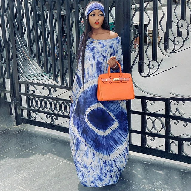 

Chic Loose Contrast Color Pirnt Short Sleeve Maxi Dress Stylish Summer Casual Blue Dresses For Women -SM