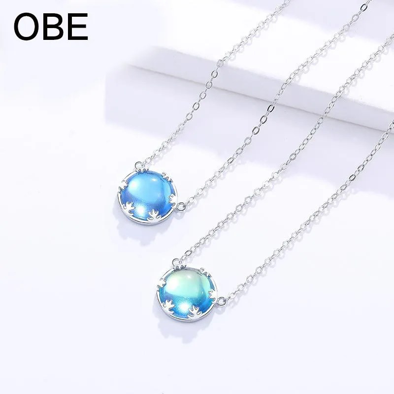 

OBE Best Quality Fashion jewelry 925 silver necklace collarbone chain blue and green stone aurora necklace female, White