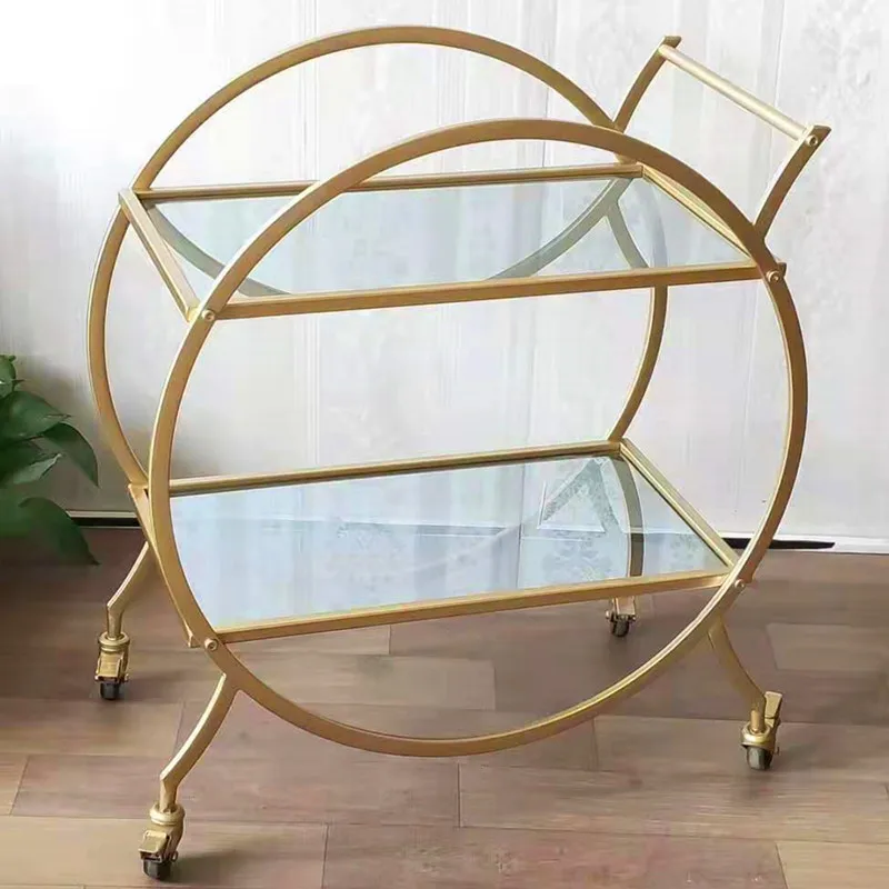 

Gold Contemporary Round Drinks Salon Acrylic Yellow Metal Glass Coffee Kitchen Serving Trolley Bar Cart Kitchen Cart Trolley
