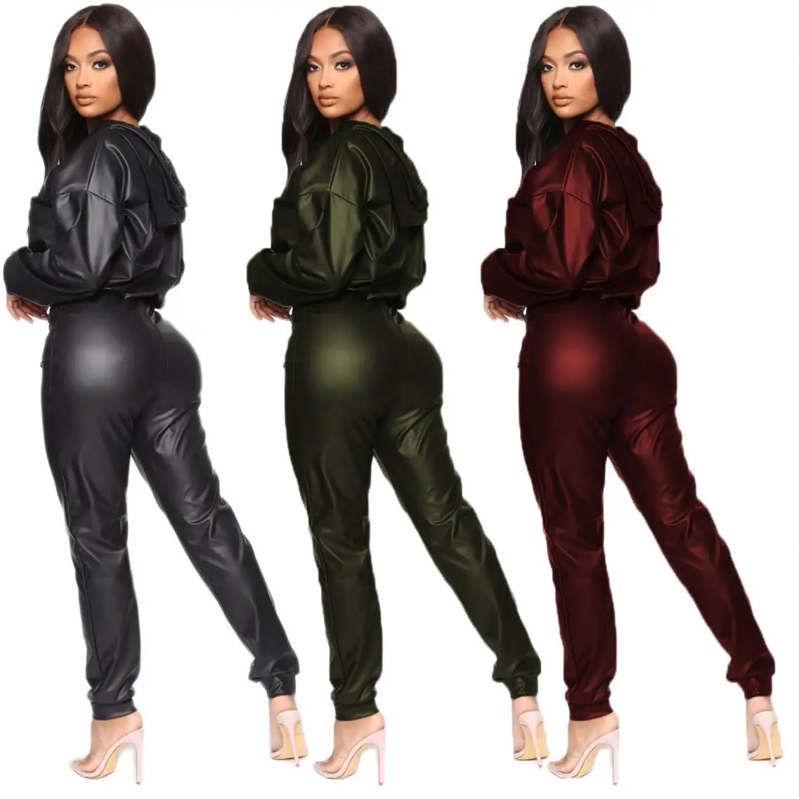 

Long Sleeve 2 Piece Outfit Women Clothing Hoodie PU Faux Leather Solid Two Piece Pant Set, Picture color
