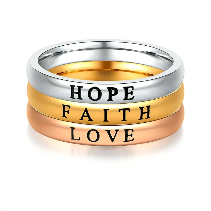 

Fashion Jewelry Rings 3mm Custom Stainless Steel Hope Love Faith Letter Rings for Girls
