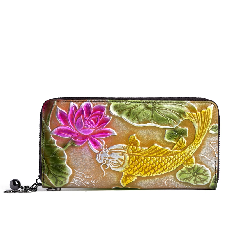 

New Style Flower Cow Leather Large Capacity Zipper Women Long Floral Cell Phone Bag Wallet