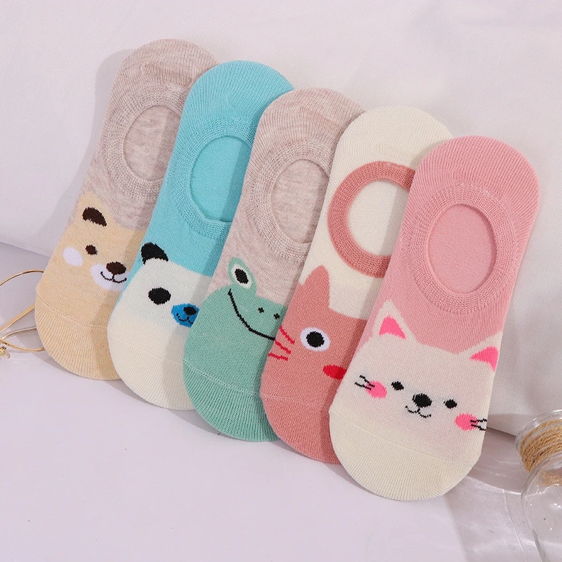 

5 styles cute Harajuku animal socks ladies summer Korean version of cat bear rabbit funny low-cut ankle socks happy socks, As picture