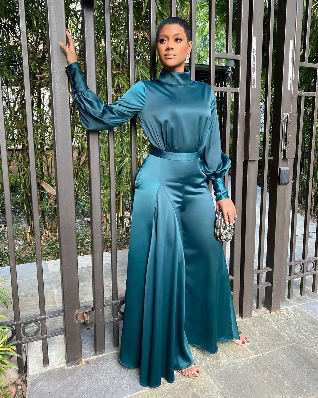 

2021 spring elegant lantern sleeve solid wide leg long pant one piece jumpsuit, As showed