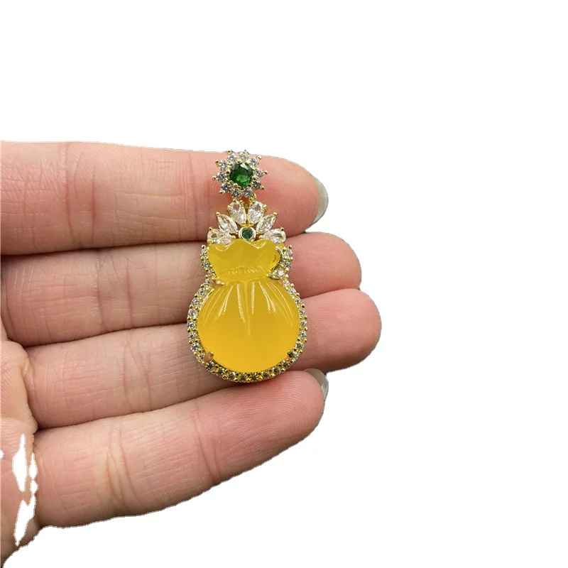 

925 Silver Inlaid Yellow Agate Lucky Bag Pendant Yellow Chalcedony Money Bag Pendant