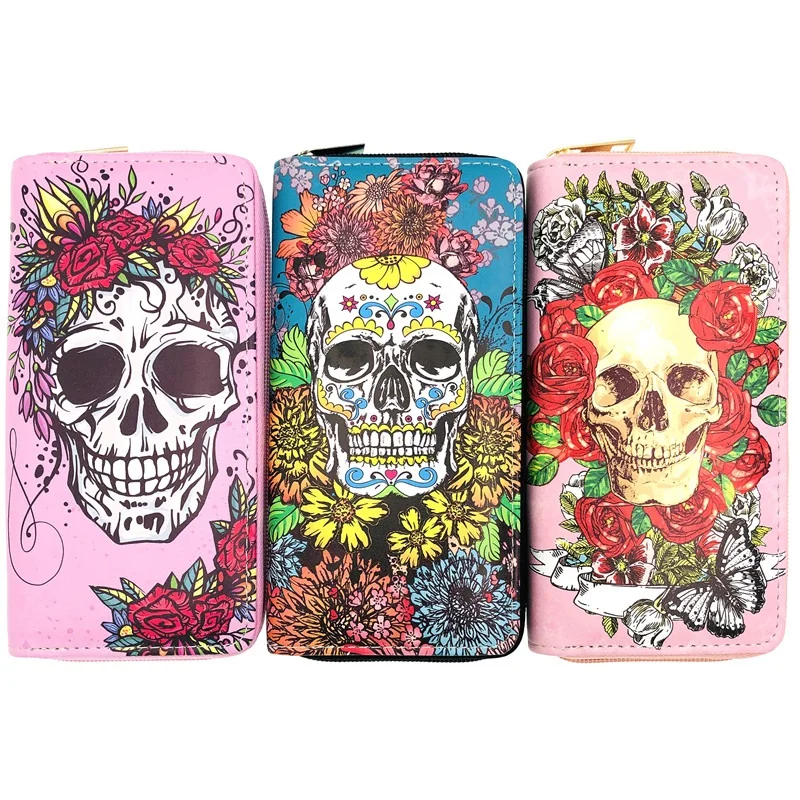 

Hot sale flower skeleton butterfly printed PU wallet Student women long Zipper wallet Passport bag factory shop