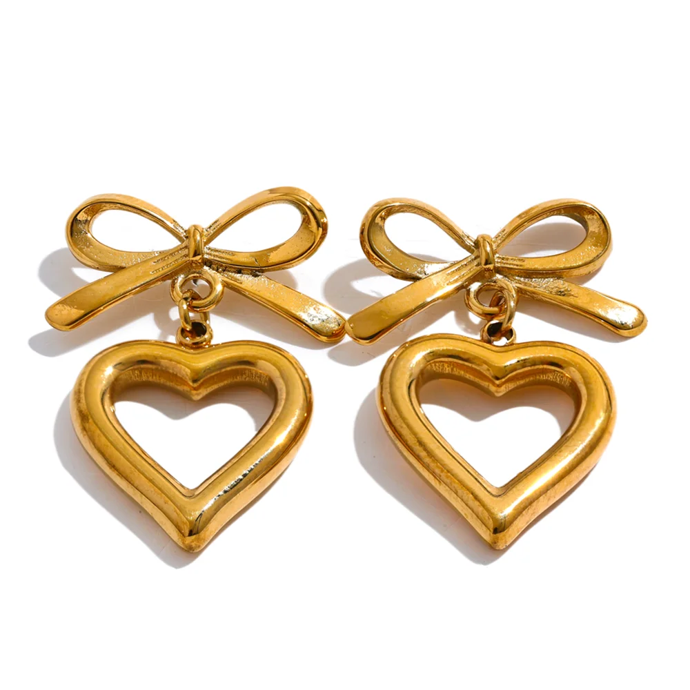 

JINYOU 1047 New Stainless Steel Bow Tie Heart Love Hollow Drop Earrings Stylish High Quality Gold Earrings Jewelry Waterproof