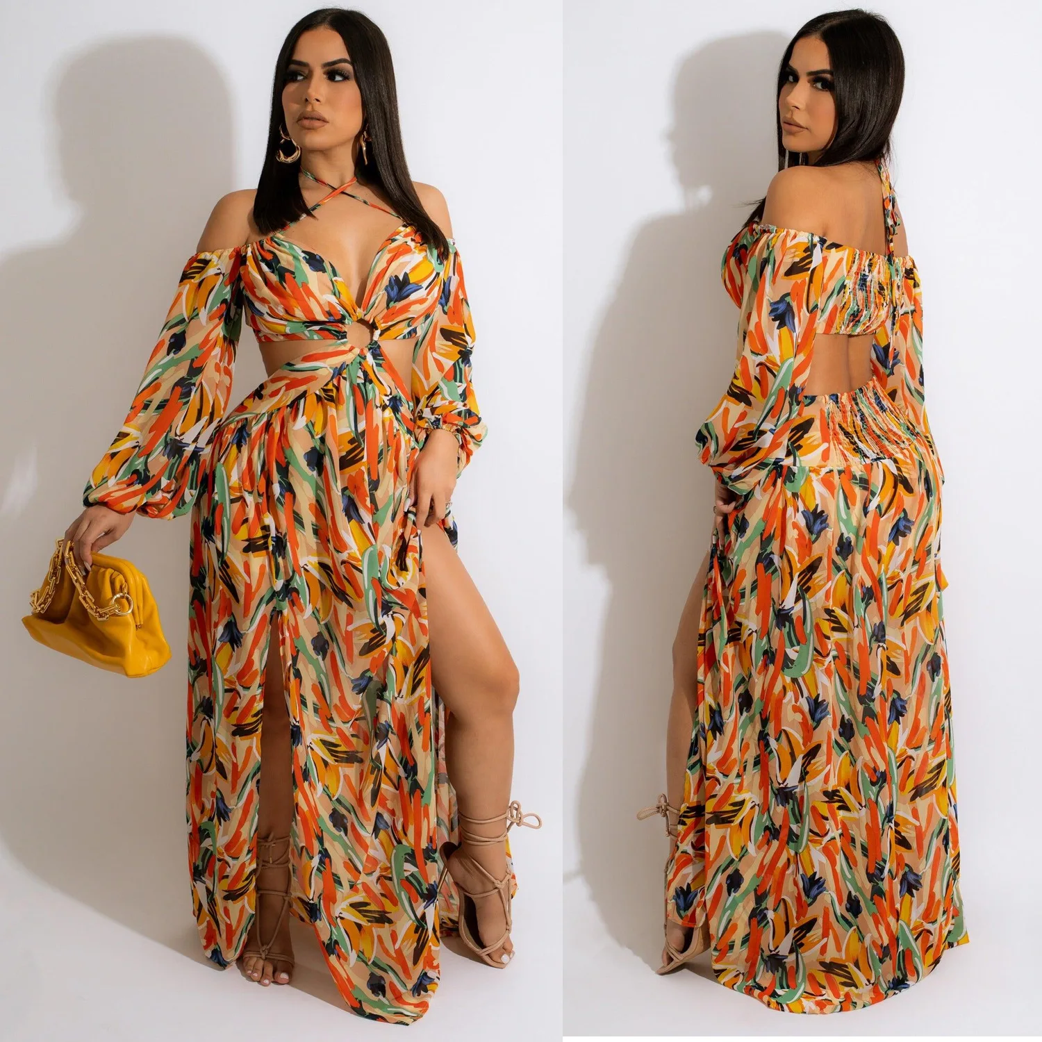 

C0302SW29 Wholesale Price Tropical Dress Floral Print Cropped Halter Slit Sundress Women, 1 color