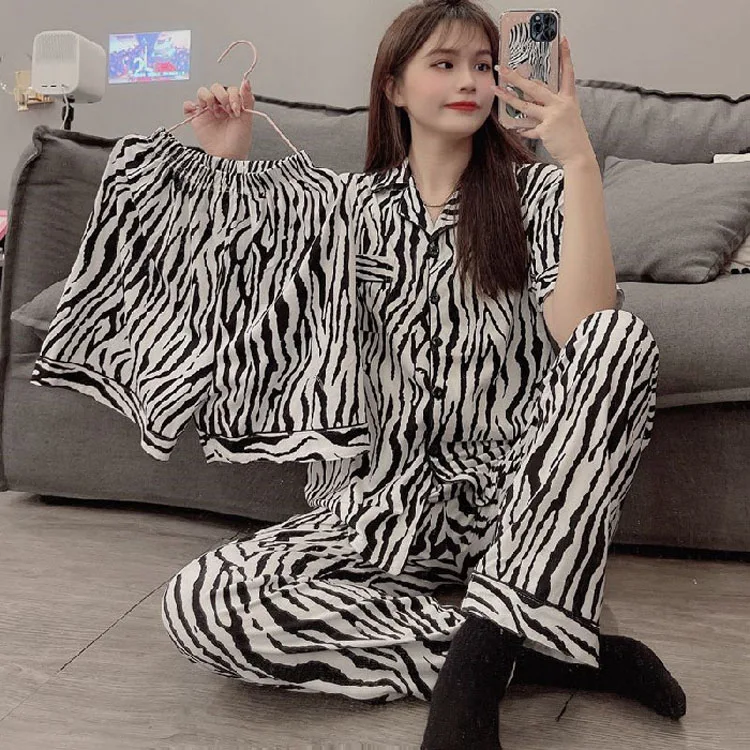 

Summer Women Sleepwear Three Pieces Pajamas Cozy Pijama Mujer Cardigan Lounge Wear Ladies Dark Color Pyjama Girl Nightwear