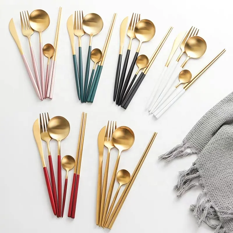 

Wholesale black pink green red white gold plated cutlery, stainless steel matte gold flatware set for wedding, Gold/pink/green/red/blue/black/rose gold