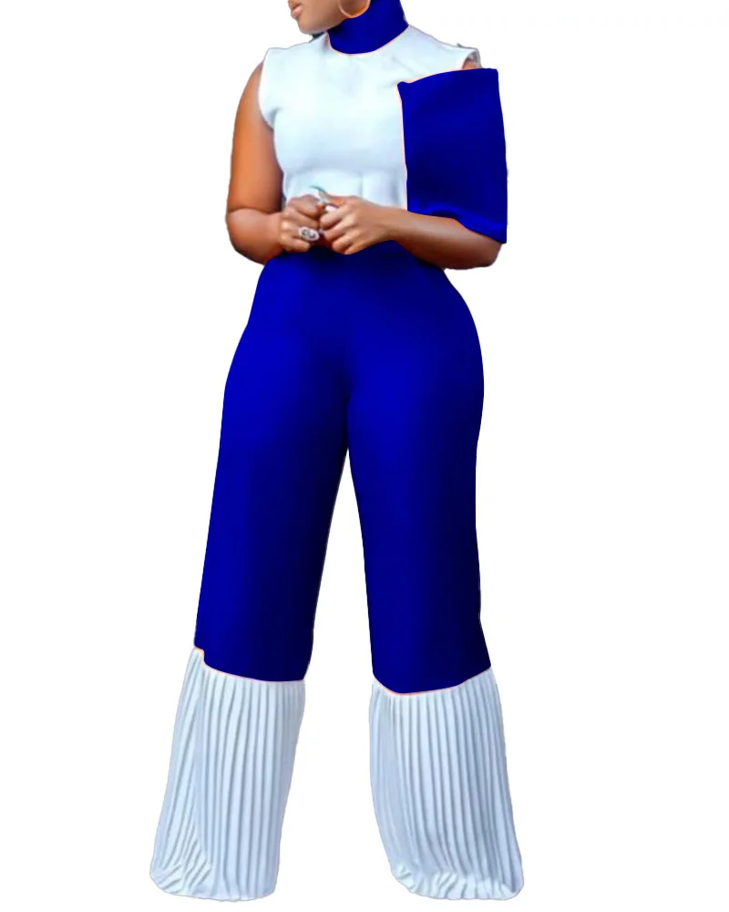 

Women Patchwork Wide Leg Jumpsuits High Collar Irregular Sleeve Block Color Fashion Street Wear Wide Leg Pants Rompers