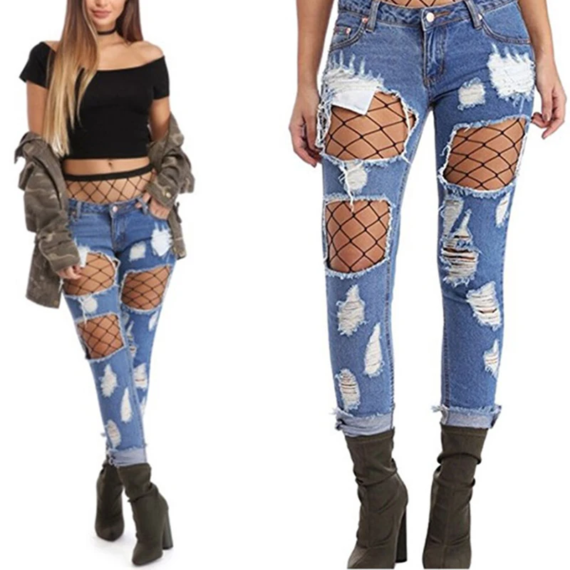 

Hot style euramerican women fashion distressed ripped sexy ladies jeans pants with fishnet stocking