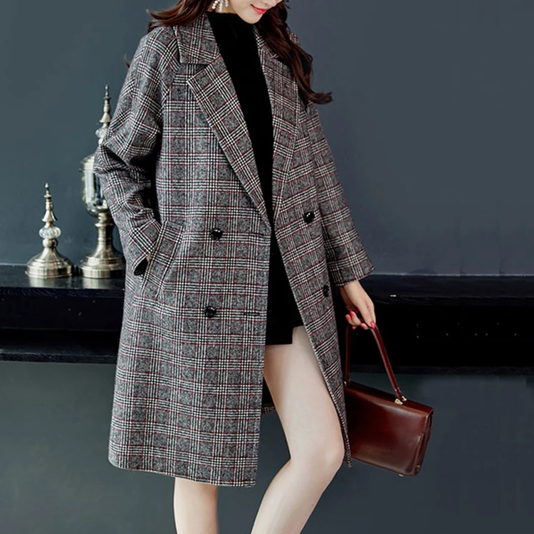 Womens Woolen Overcoat Long Double Breasted Coat Autumn Stripe Plaid ...
