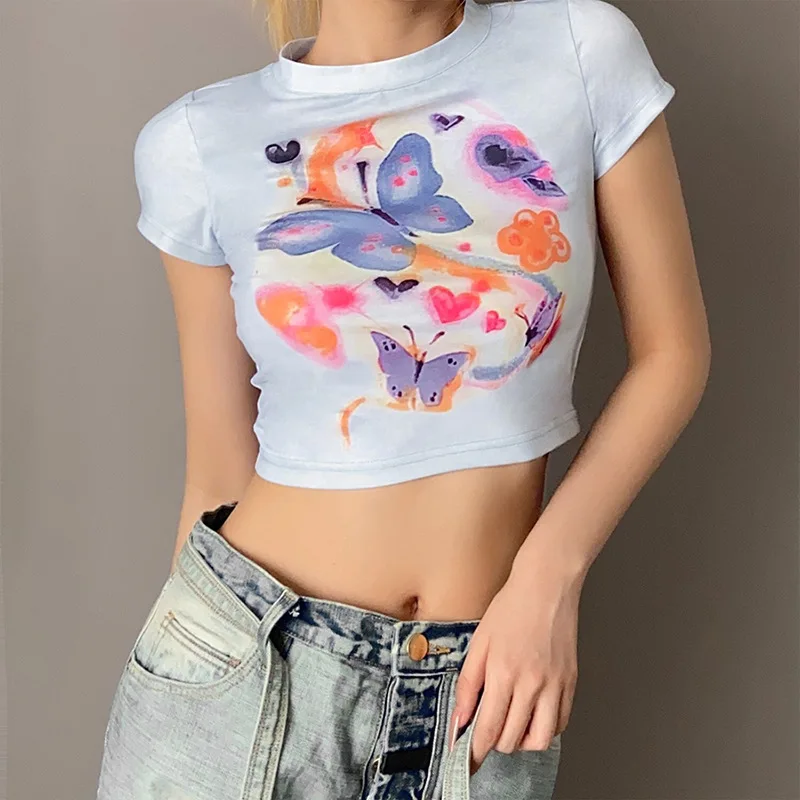 

2021 new arrivals Summer wears new women's slim O- neck fashion butterfly print short sleeve T-shirt Aesthetic Clothing, Customized color