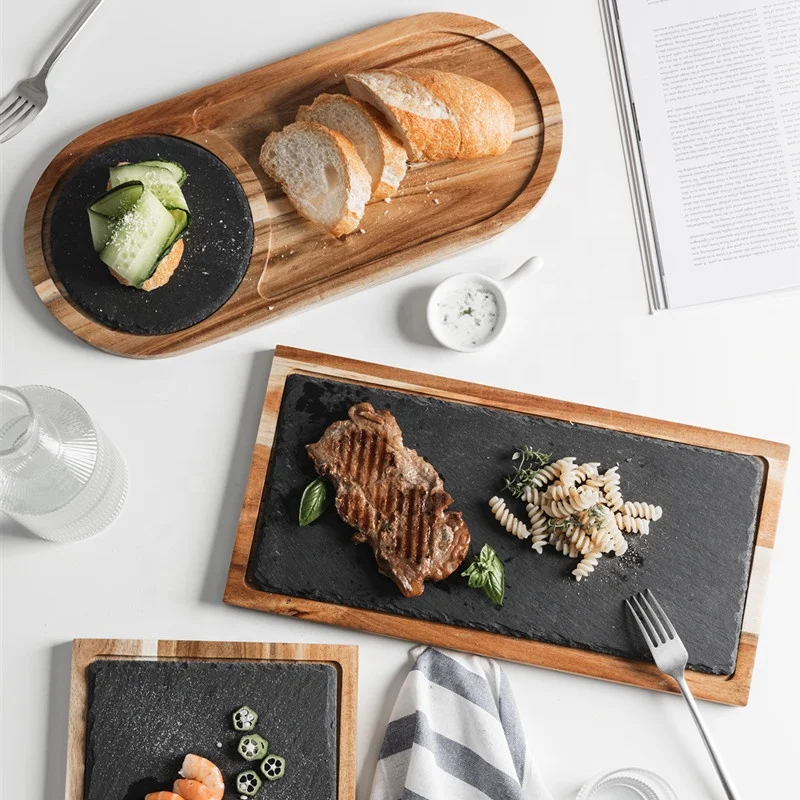 

Black western plate square Japanese wooden tray steak sushi western plate solid wood tray pizza hotel plate