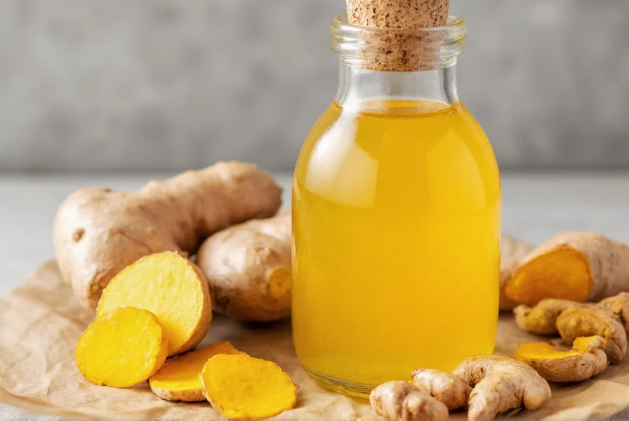 Close-up of golden turmeric ginger shot in small glass bottle with fresh turmeric root and ginger pieces beside it