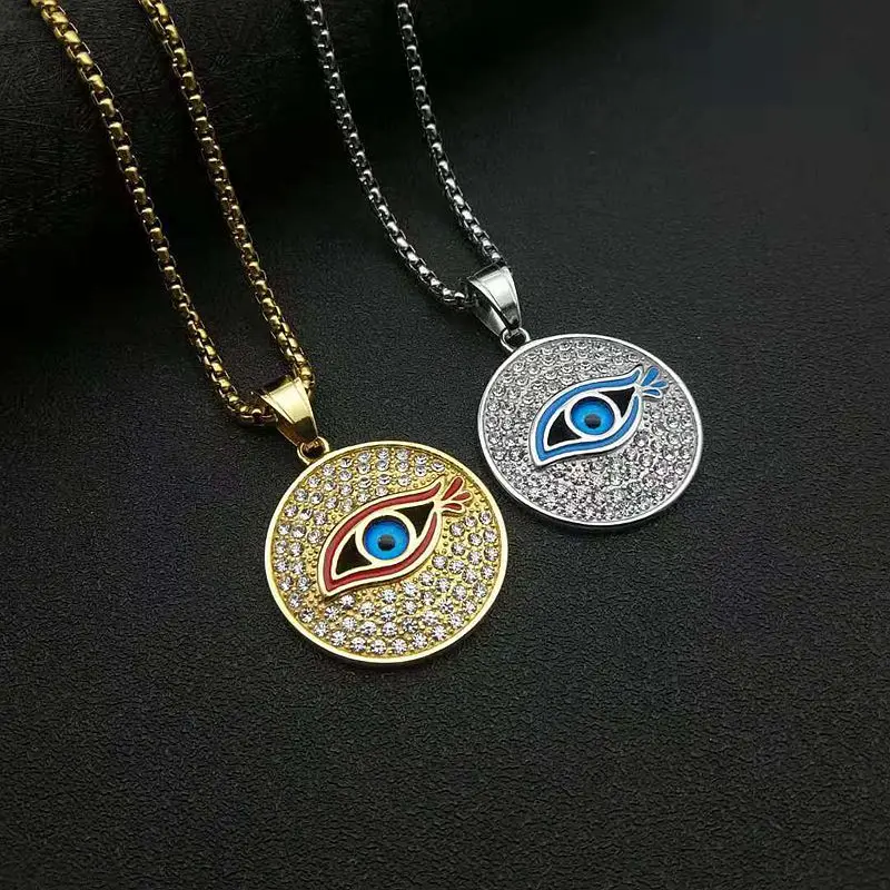 

Punk Style Real Gold Round Evil Eyes Necklace Hips Hops Iced Out Full Zircon Eye Necklace For Women