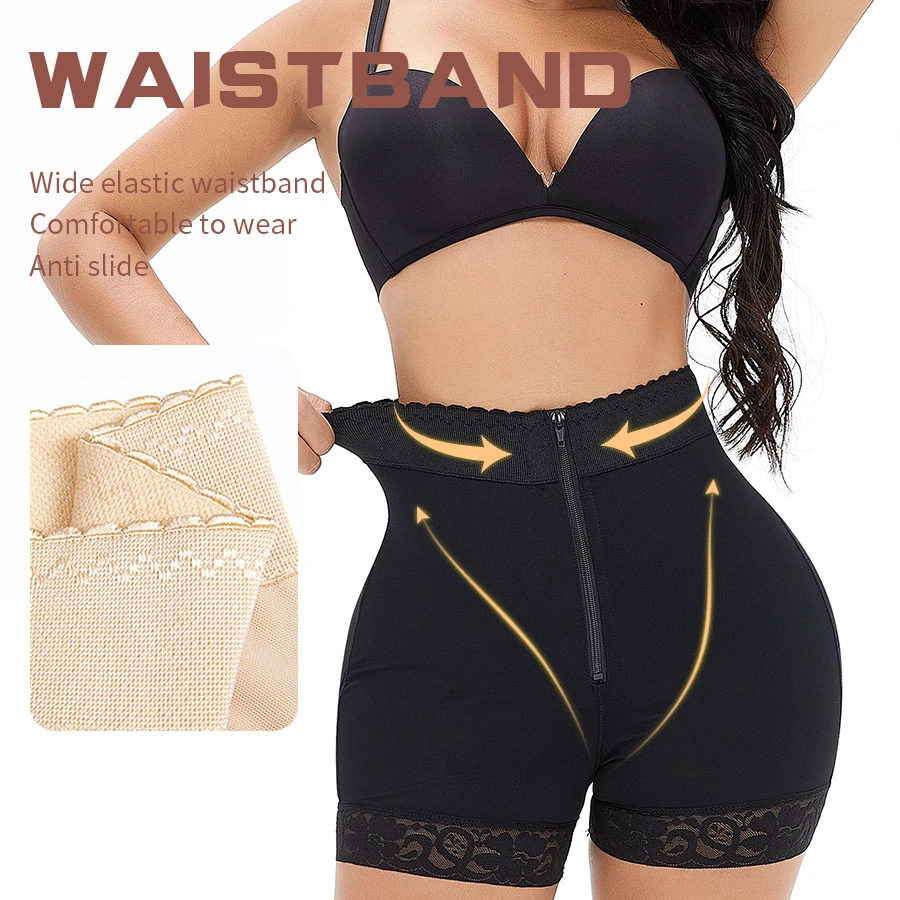 

LangQin Brand women's high waist gym shorts Zip Elasticity Compression Slimming Tummy Control High Waist Shapewear Pants, Champagne/back