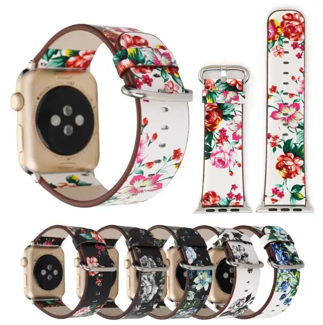 

Custom Flower Print Watch Band For iwatch 5/4/3/2/1 38mm 40mm 42mm 44mm Apple Watch Strap Leather Smart Watchband