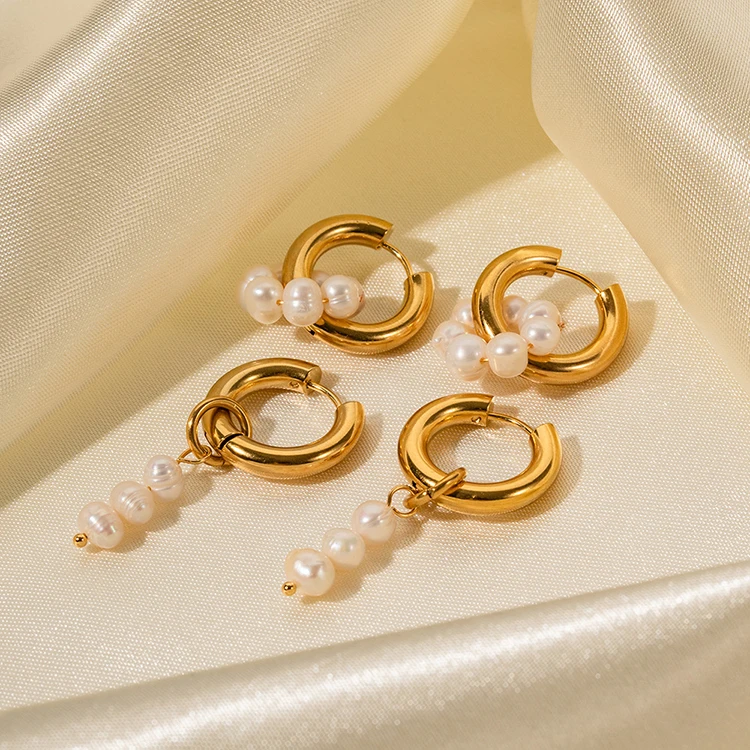 

Y080 INS Style PVD 18K Gold Plated Jewelry Asymmetric Huggies Earring Charm Stainless Steel Freshwater Pearl Drop Earrings Women