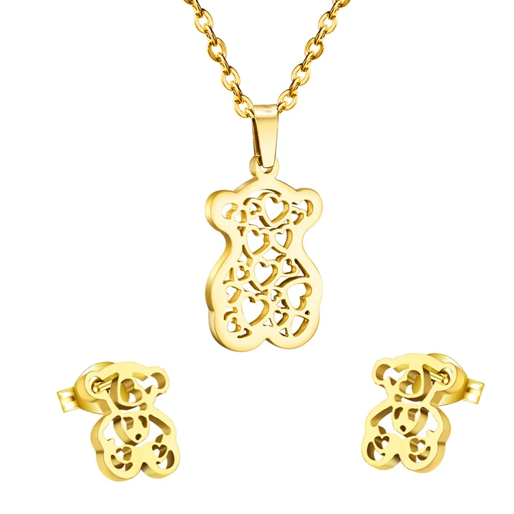 

Wholesale Low MOQ Stainless Steel High Polish Yellow Gold Plated Hollow Bear Earring Pendant Jewelry Set for Women, Gold jewelry set