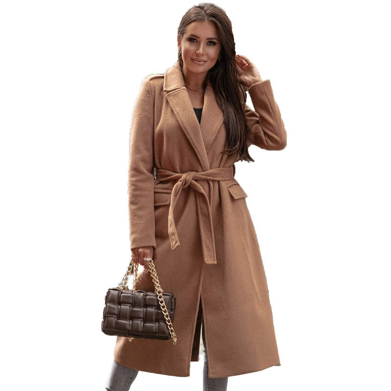 

2021 autumn winter new long sleeve V-neck bandage long windbreaker slim fit solid color women's jacket