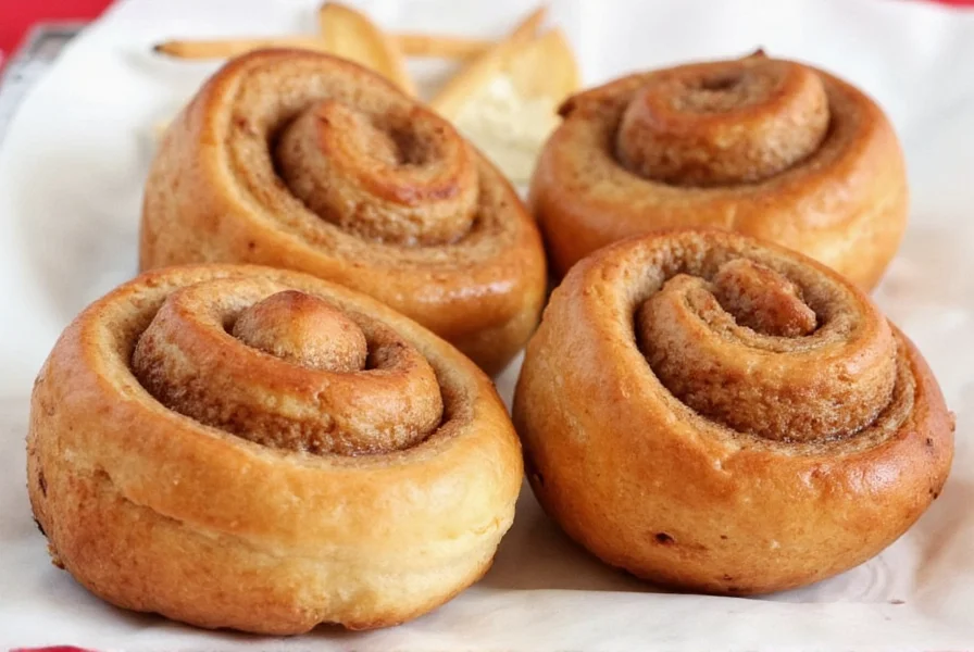 Step-by-step process showing cinnamon bun dough being rolled, filled, and cut before baking