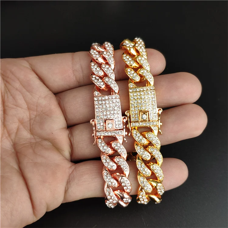 

Hot Wholesale 12mm Gold Plated Hip Hop CZ Diamond Bling Cuban Miami Bracelet Iced Out Chain Men Women