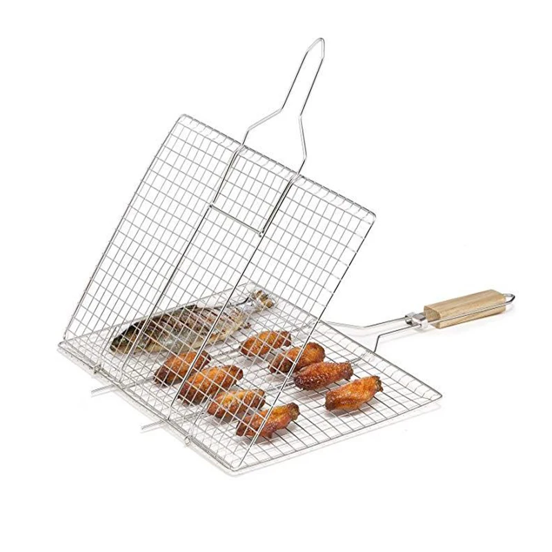 Stainless Steel Bbq Net Barbecue Basket Grilling Mesh With Wooden